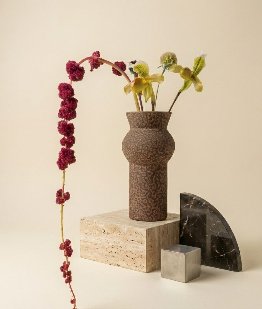 Decorative vase with flowers on a beige background