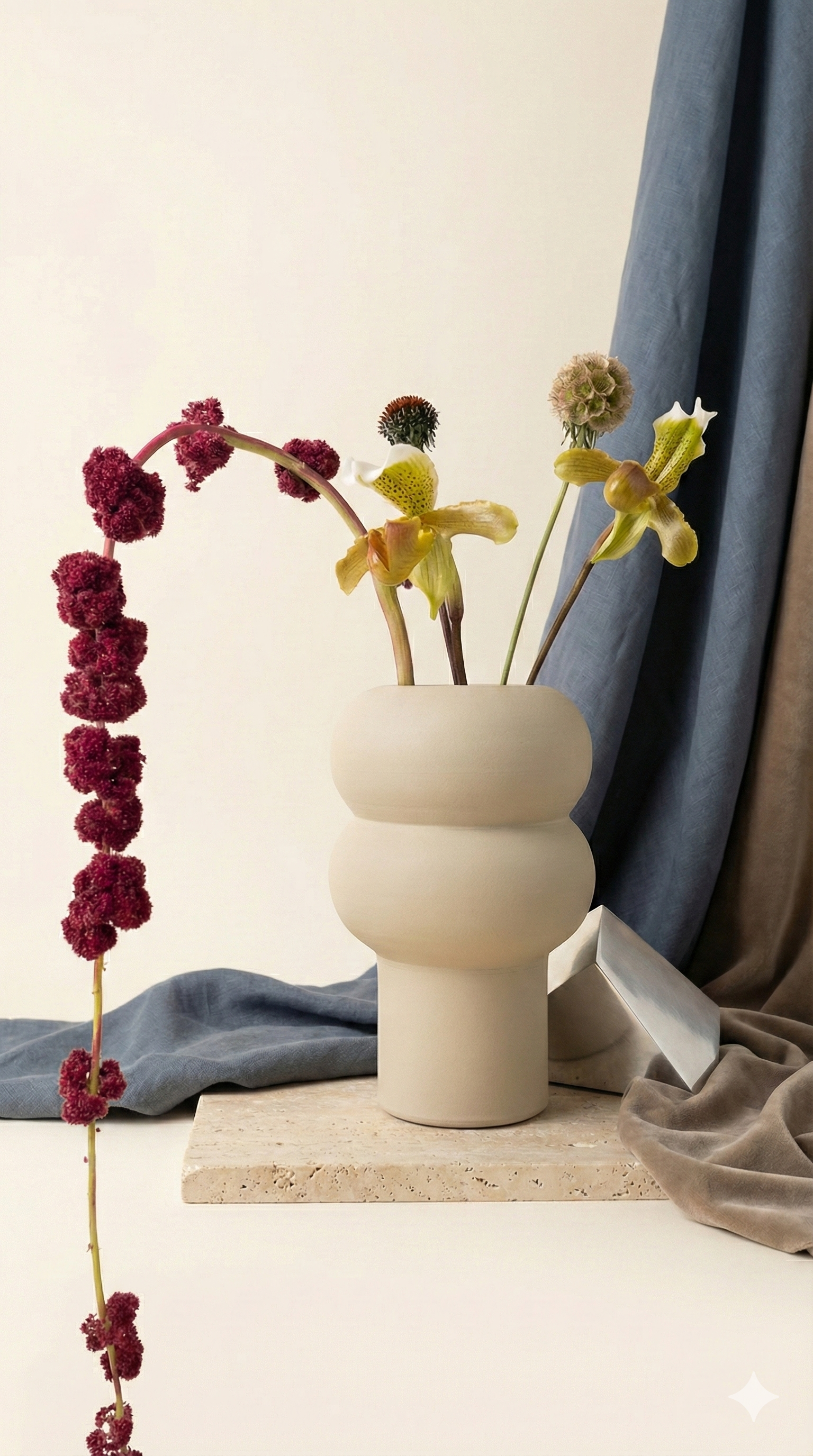 Beige ceramic vase with dried flowers on a neutral background