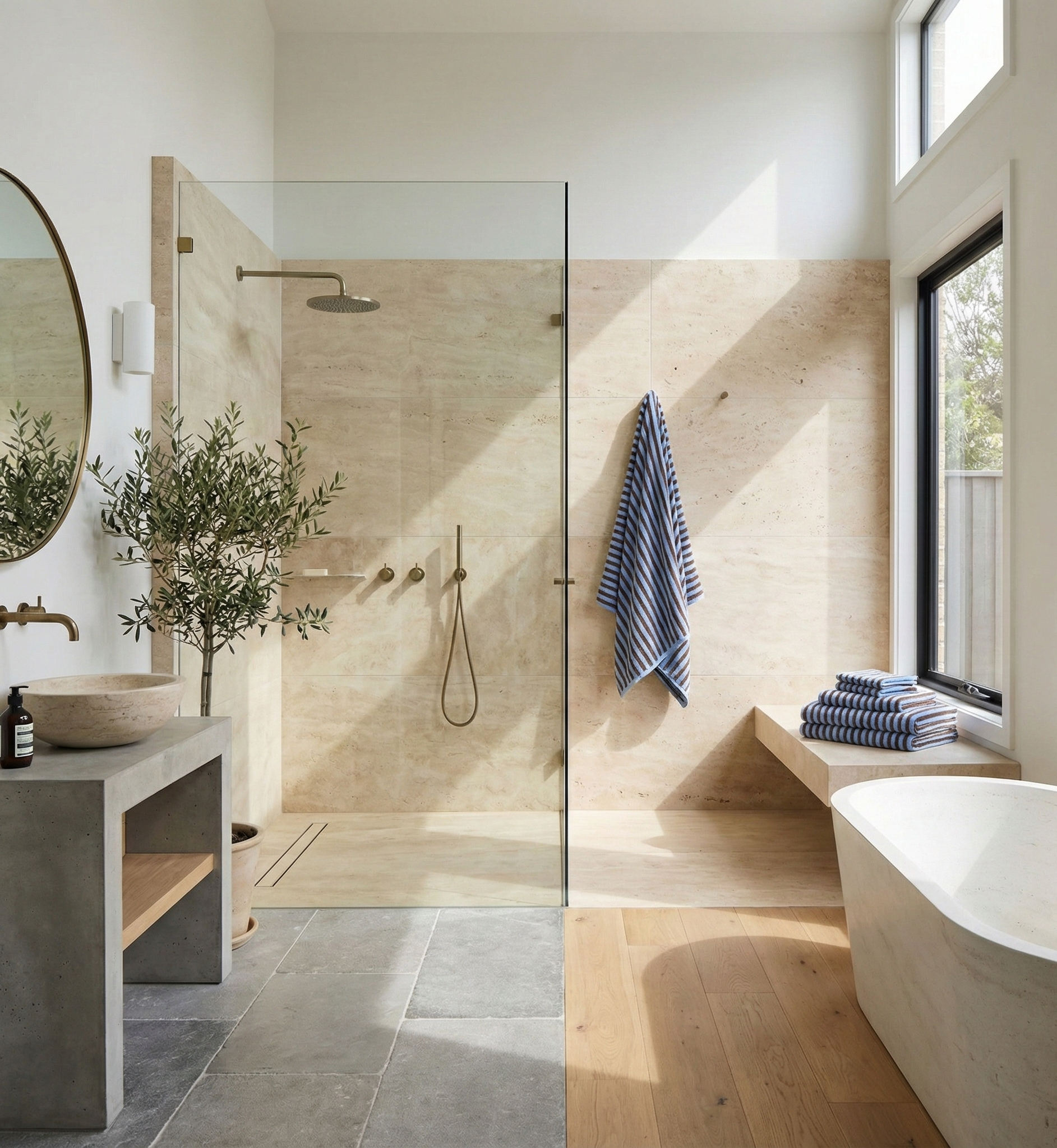 Modern bathroom with shower, bathtub, and window