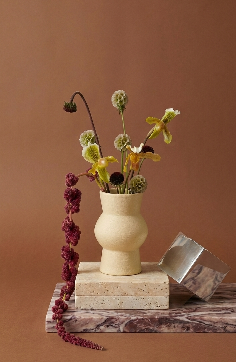 Vase with flowers on a marble surface against a brown background