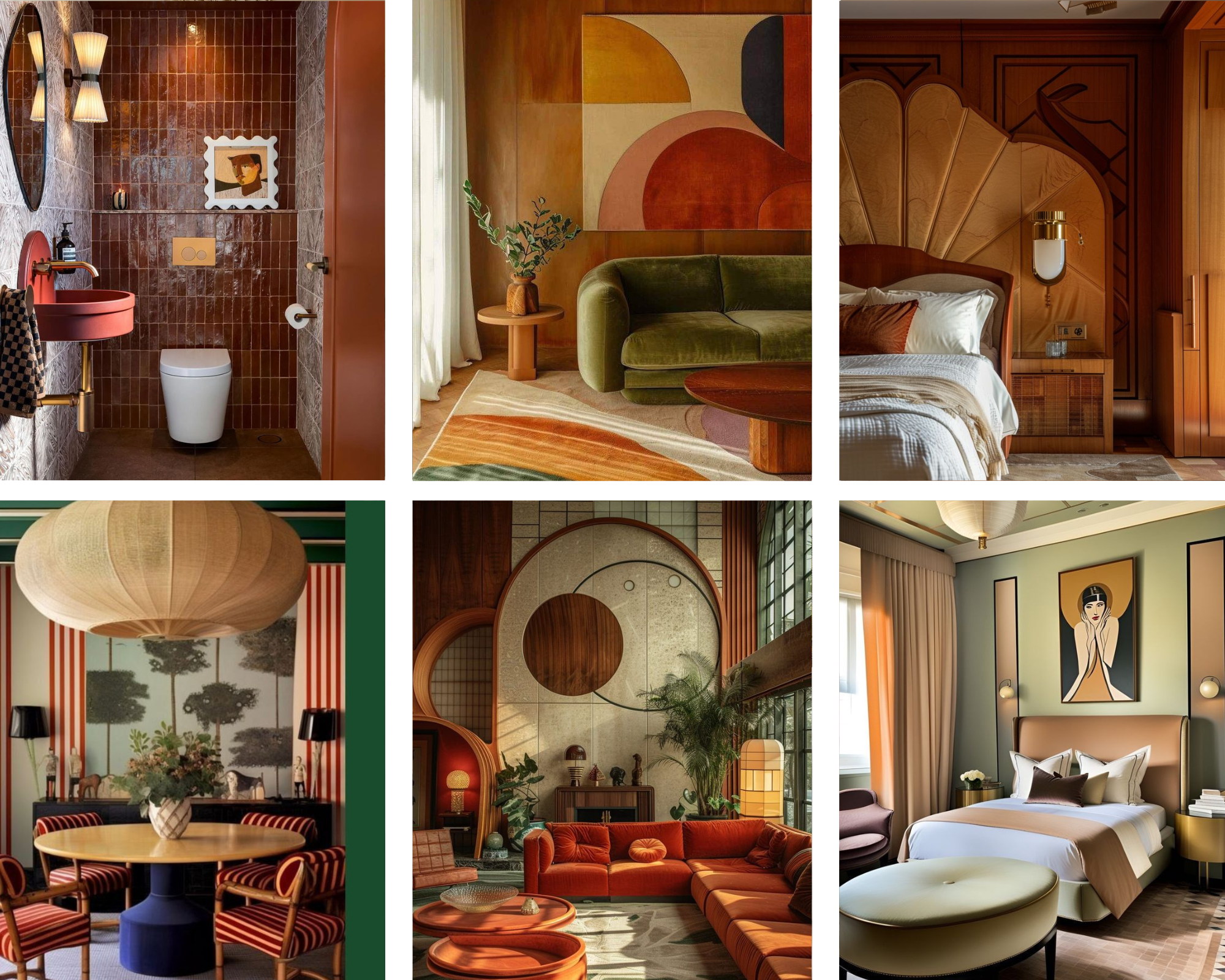 An art deco revival mood board featuring bold geometric patterns, rich jewel tones, mirrored surfaces, metallic finishes, and luxurious materials like velvet and marble. The design exudes glamour and sophistication with vintage-inspired opulence.