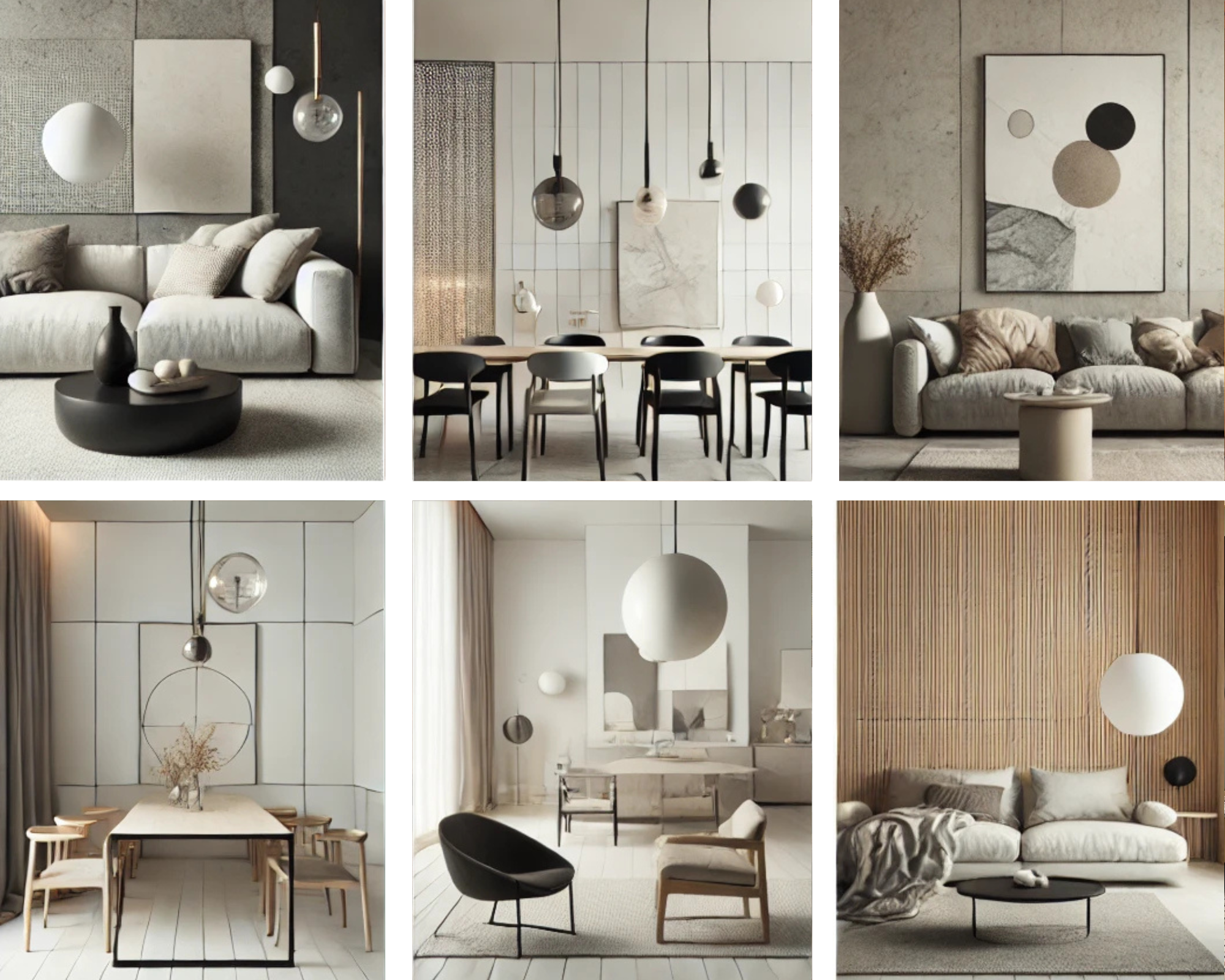 calm contemporary mood board featuring six minimalist interiors with neutral tones, clean lines, and modern furniture. includes living rooms and dining areas with sleek designs, soft grays, natural wood, and understated decor.