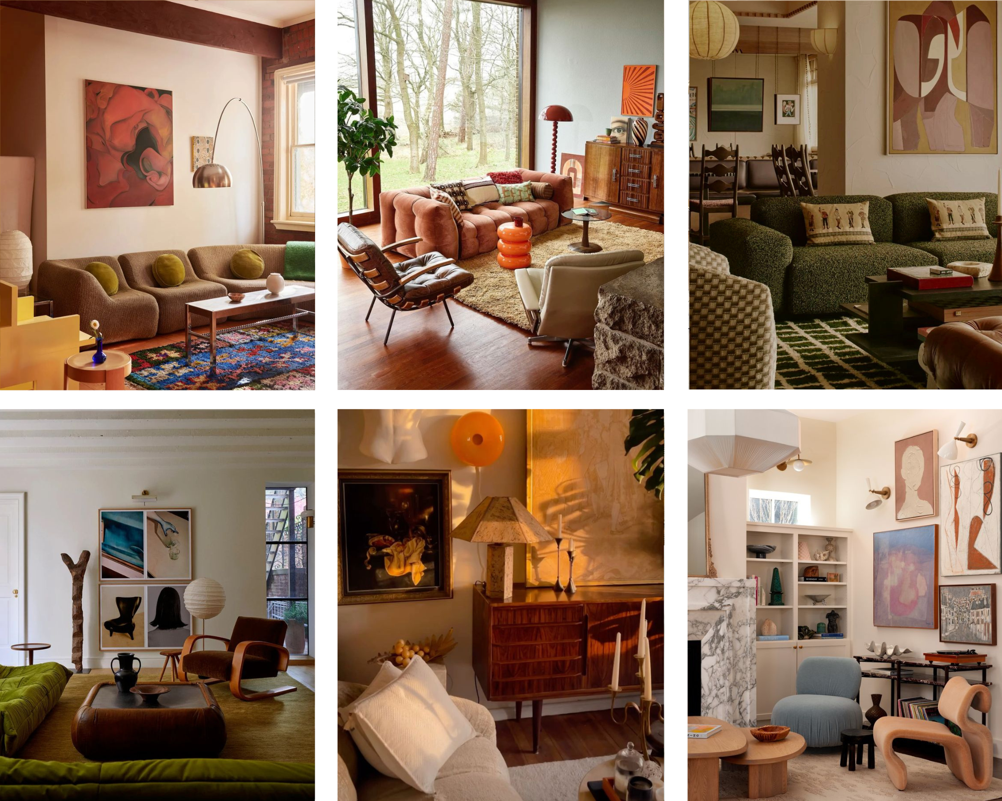 An eclectic interior mood board combining bold patterns, layered textures, colorful furniture, unique decor pieces, and vintage accents. Features a mix of styles and materials, including mismatched rugs, quirky artwork, plants, and statement lighting, creating a vibrant and personalized look.