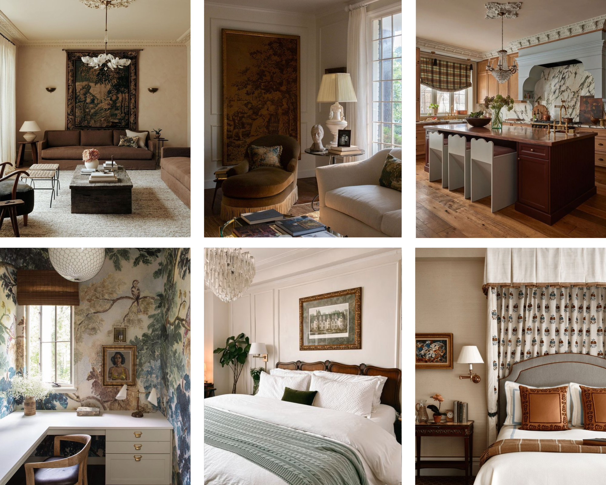 A grandmillennial mood board highlighting vintage-inspired decor with floral patterns, antique furniture, soft pastel tones, and charming accessories. Includes touches of modern design for a fresh twist on traditional style, creating a cozy yet sophisticated look.