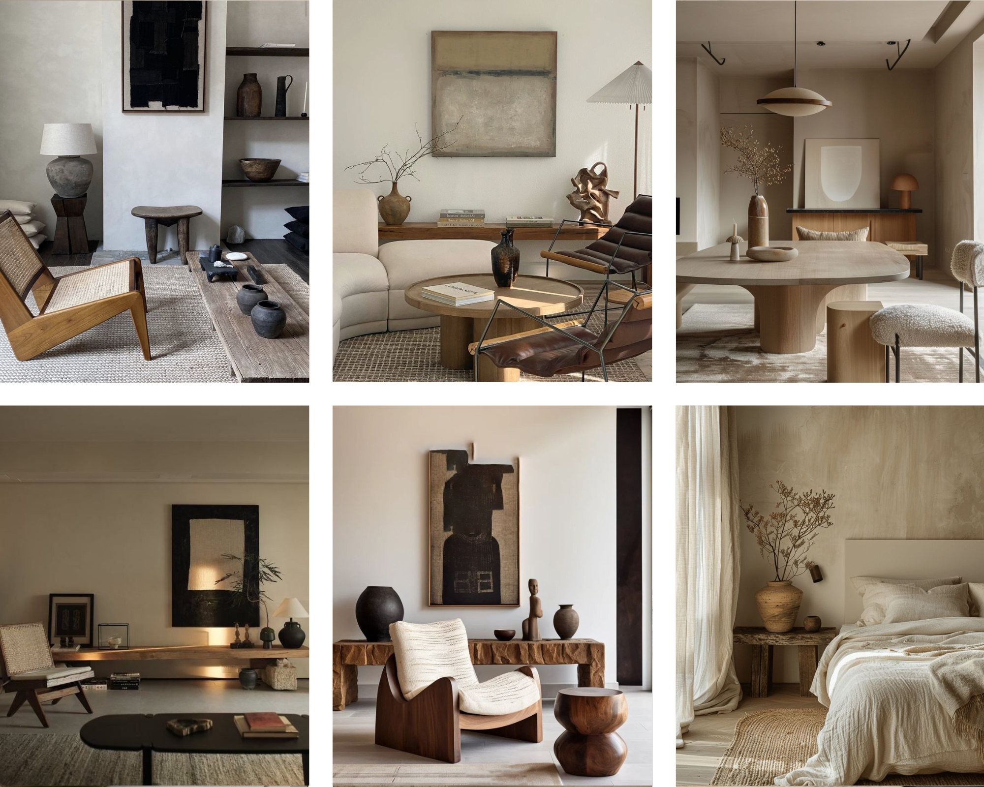 A serene Japandi mood board blending minimalist Scandinavian design with Japanese influences. Features natural wood tones, neutral color palettes, clean-lined furniture, soft textiles, and organic shapes. The look is calming, warm, and harmonious.