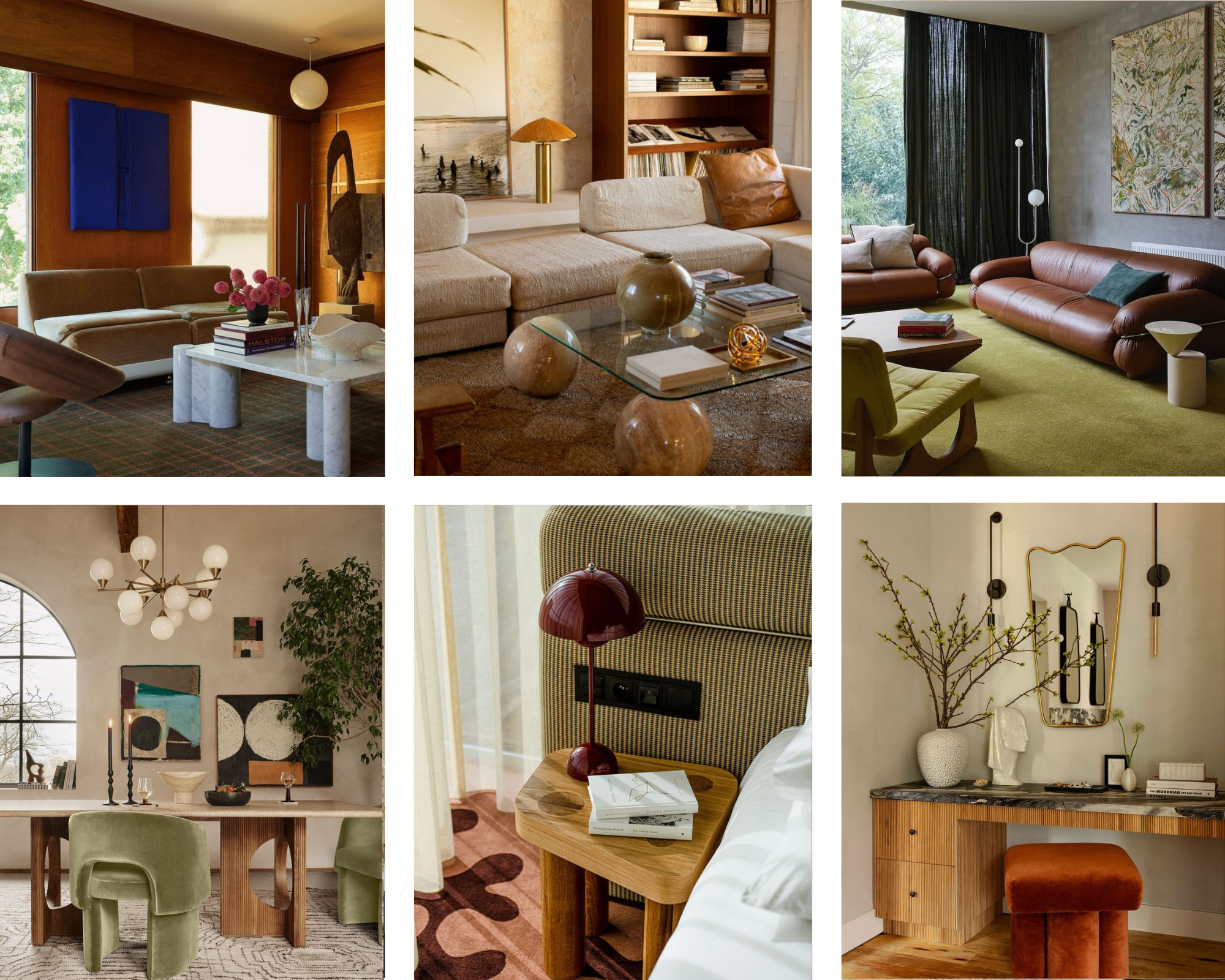 A mid-century modern mood board showcasing retro-inspired furniture with tapered wooden legs, vibrant orange and mustard hues, sleek credenzas, iconic armchairs, geometric decor, and warm, earthy tones. The design is timeless and playful with a vintage-modern aesthetic.