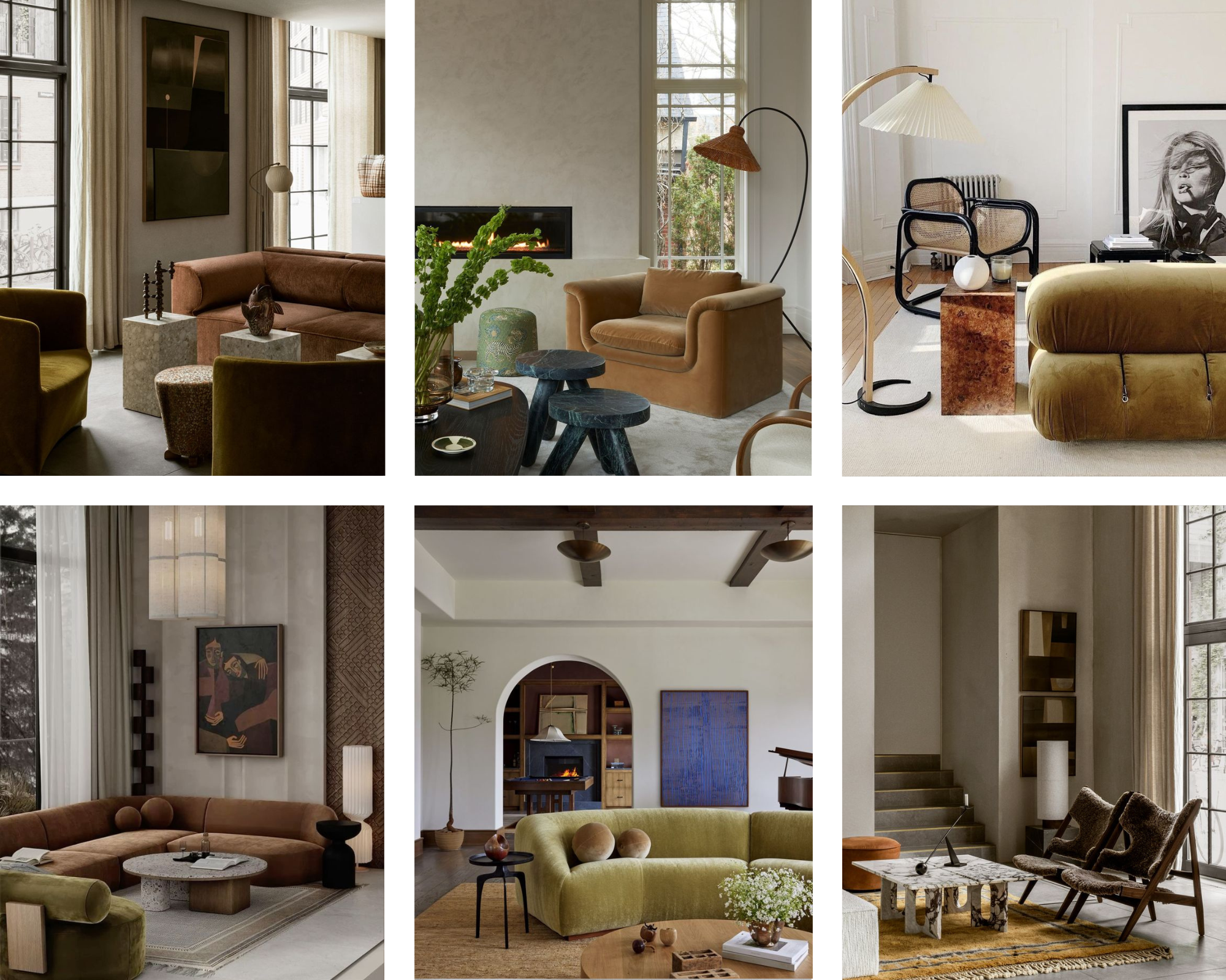 A moody modernist mood board featuring sleek furniture with clean lines, warm wood tones, dramatic lighting, neutral decor, abstract artwork, and textural elements like velvet and leather. The overall vibe is sophisticated and intriguing with a cozy, museum-like ambiance.
